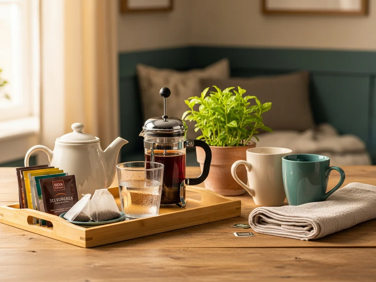 A calming tea and coffee station with a plant by a sunny window
